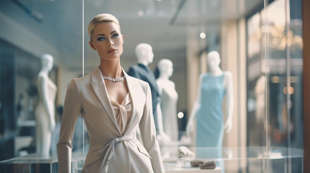 elegante manichino in piedi nella moderna vetrina della boutique