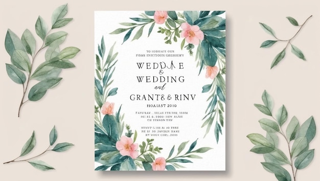 Elegante modello di invito al matrimonio con disegno ad acquerello floreale dipinto a mano