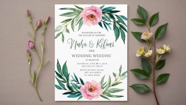 Elegante modello di invito al matrimonio con disegno ad acquerello floreale dipinto a mano