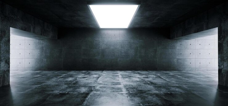 Elegante moderno grunge vuoto riflessi scuri sala di tunnel sotterraneo di cemento con luce bianca brillante