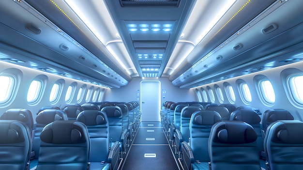 Elegante moderno interno della cabina dell'aereo con file di comodi sedili Design futuristico concetto di viaggio nessun passeggero presente Ideale per temi di trasporto AI