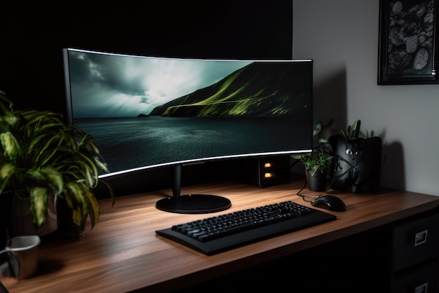 Elegante monitor nero con sfondo del desktop minimalista IA generativa