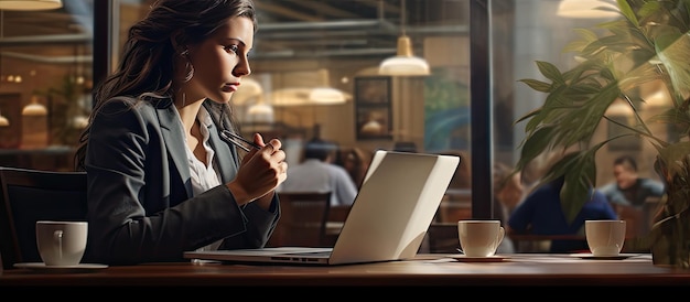 Elegante multitasking professionale femminile in una caffetteria utilizzando un laptop e impegnato in una conversazione telefonica