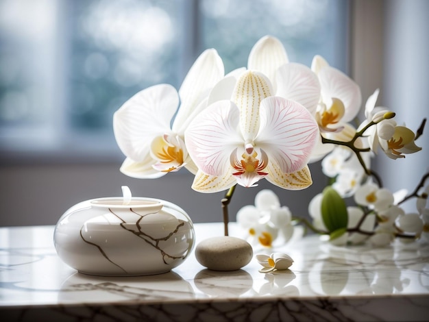 Elegante orchidea bianca sul tavolo floreale Stock Photo