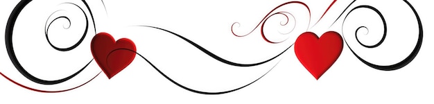 Elegante ornamento calligrafico di due cuori rossi vorticosi e linee ricci su uno sfondo bianco
