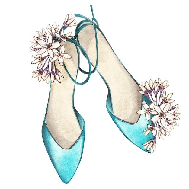 Elegante paio di scarpe alla menta con fiori isolati su sfondo bianco Illustrazione disegnata a mano acquerello Arte per il design