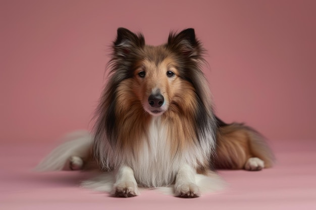 Elegante pastore Shetland sdraiato su uno sfondo rosa morbido che sembra sereno e grazioso