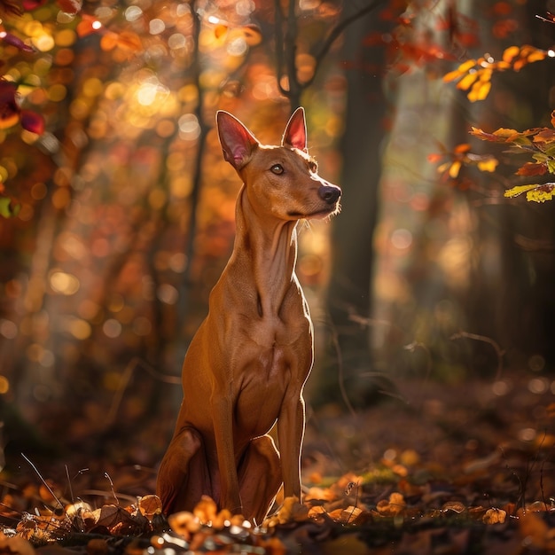 Elegante Pharaoh Hound che posa in una foresta lussureggiante