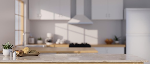 Elegante piano cucina in pietra di marmo con spazio per la copia su cucina moderna sfocata