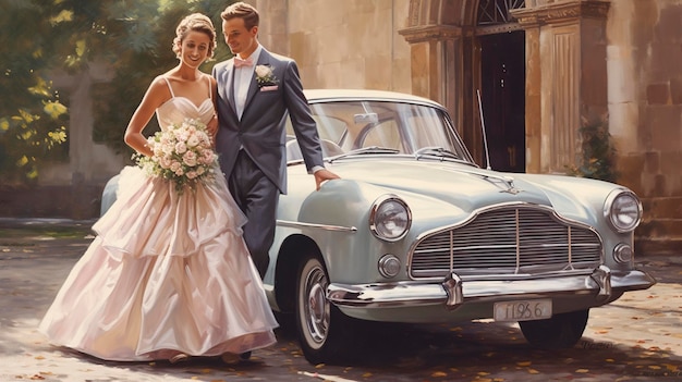 Elegante pittura a olio per auto da matrimonio vintage