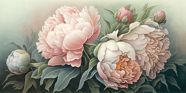 Elegante pittura ad acquerello di peonie in tenui colori pastello