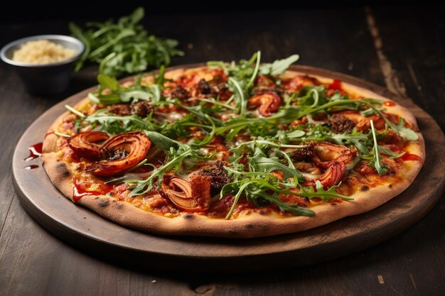 Elegante pizza al polpo con guarnizione di arugula