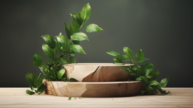 Elegante podio di legno in mezzo a un rigoglioso fogliame verde