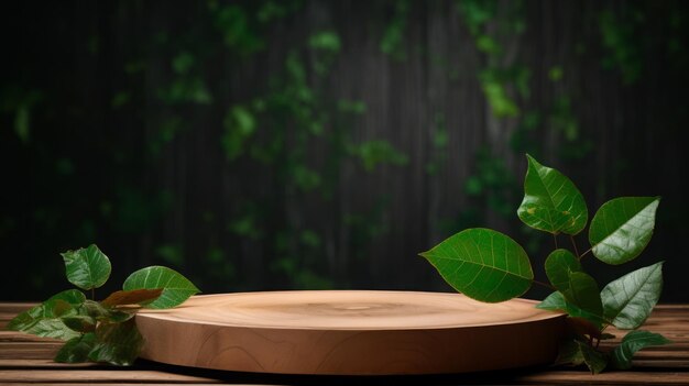 Elegante podio di legno in mezzo a un rigoglioso fogliame verde