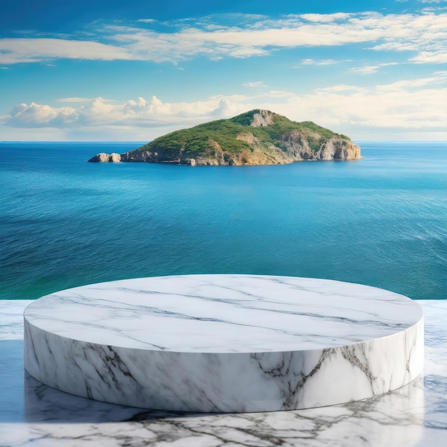 Elegante podio in marmo con paesaggio di montagna e oceano sullo sfondo per l'esposizione dei prodotti