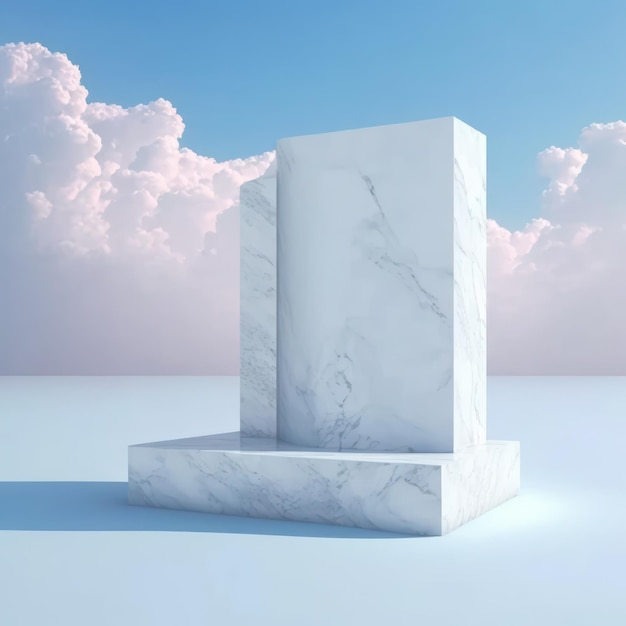 Elegante podio in marmo su un mockup minimalista di sfondo con cielo nuvoloso per display o vetrina generazione AI