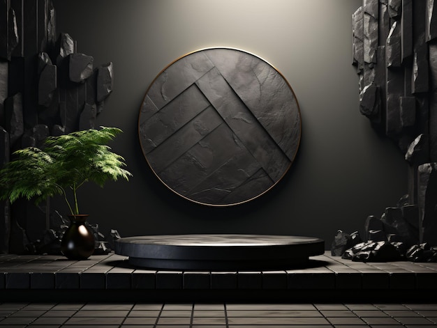Elegante podio in pietra nera per la presentazione di prodotti o la vetrina Generative AI
