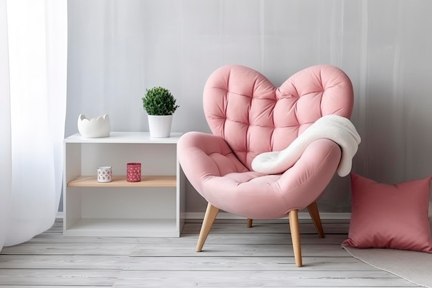 Elegante poltrona rosa con cuscino a forma di cuore in un luminoso interno minimalista generare ai