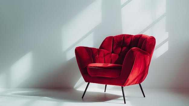 Elegante poltrona rossa in un ambiente bianco minimalista moderno design di mobili perfetto per interni eleganti semplice ma chic AI