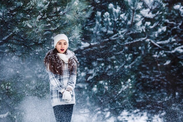 Elegante ragazza allegra in un maglione nella foresta invernale La neve dall'albero cade sulla ragazza