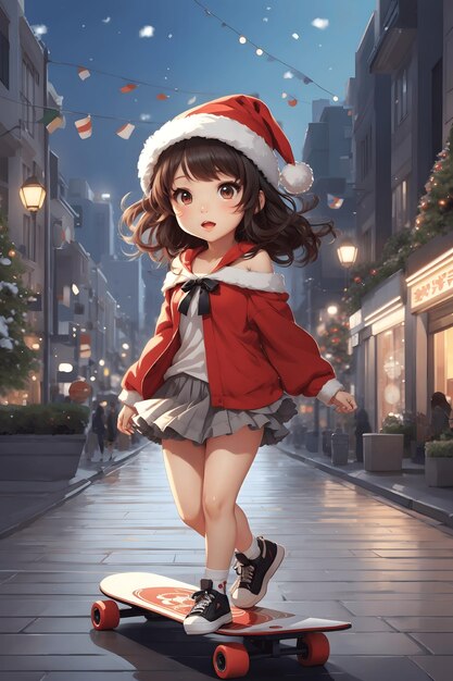 Elegante ragazza coreana Chibi che fa skateboard in inverno con il cappello di Babbo Natale