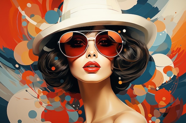 Elegante ragazza dai capelli neri con cappello e occhiali da sole Sfondo floreale Vibrazioni estive Poster retrò dei cartoni animati