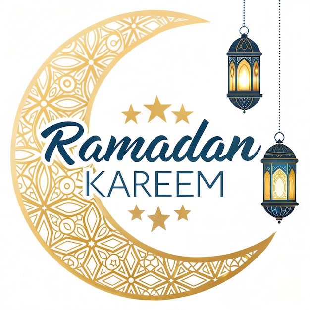 Elegante Ramadan Kareem Saluto con Mezzaluna d'Oro e Lanterne