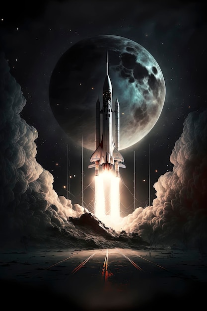 Elegante razzo spaziale che va alla piattaforma di lancio oscura notte stellata AIGenerato