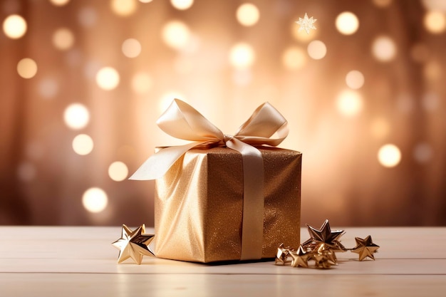 Elegante regalo dorato di Natale con nastro di raso circondato da stelle scintillanti