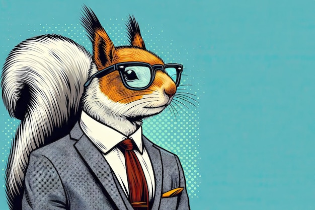 Elegante ritratto di imponente scoiattolo antropomorfo vestito con occhiali e abito su sfondo dai colori vivaci con spazio per la copia Divertente illustrazione pop art