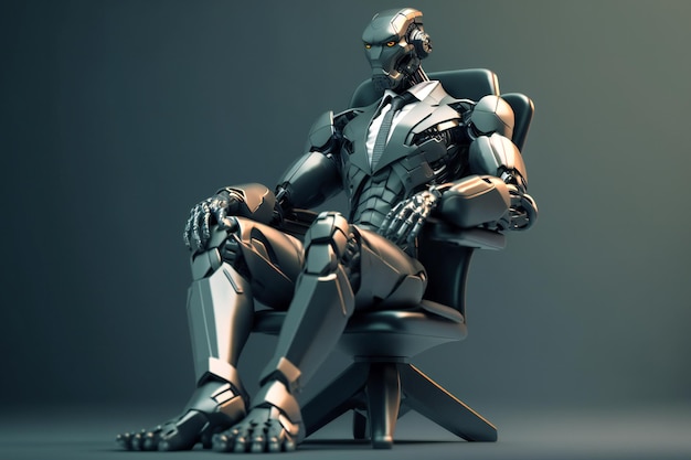 Elegante robot in tailleur seduto in studio con i palmi che si toccano mentre appoggia la gamba sulla sedia