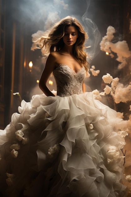 Elegante romantico e elegante ritratto di sposa di nozze elegante e elegante abito abiti non convenzionali look luxe presentabile pizzo sposi bouquet di fiori nuova vita abito da sposa