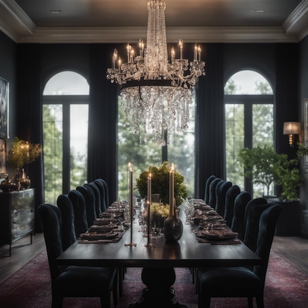 Elegante sala da pranzo con lampadario di cristallo scuro