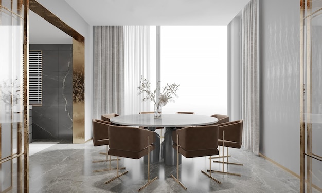 Elegante sala da pranzo in stile moderno, luce naturale dalla finestra. illustrazione 3D