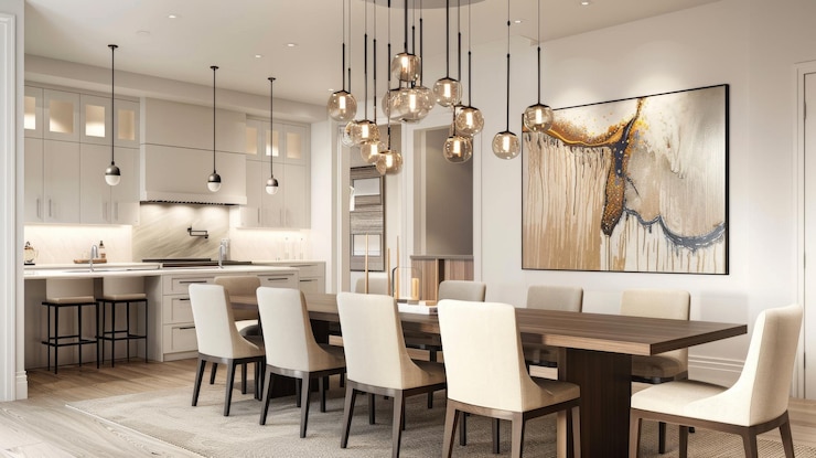Foto elegante sala da pranzo moderna con decorazione artistica e illuminazione chic