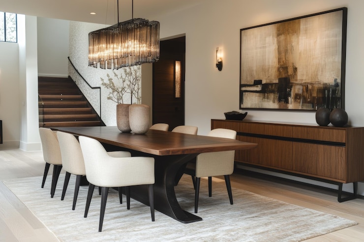 Foto elegante sala da pranzo moderna con mobili eleganti e toni neutri per un'atmosfera domestica sofisticata