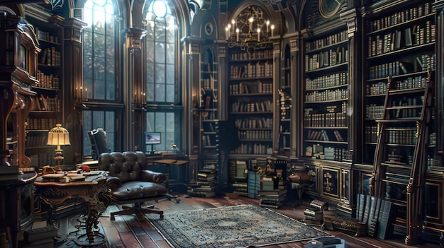 Elegante sala da studio antica con ricchi mobili in legno e libri