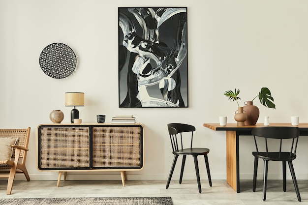 Elegante salotto scandinavo interno dell'appartamento moderno con comò in legno, tavolo di design, sedie, moquette, quadri astratti sul muro e accessori personali in un arredamento unico.