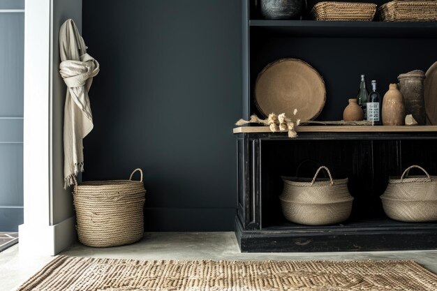 Elegante scaffale nero con cesti di vimini e oggetti decorativi