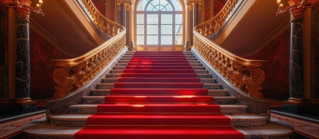 Elegante scala con tappeto rosso che conduce a una grande finestra