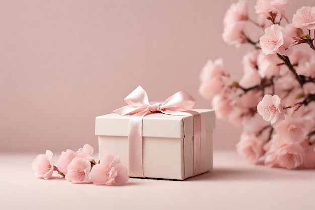 Elegante scatola regalo con nastro di satin rosa decorato con fiori di sakura in fiore