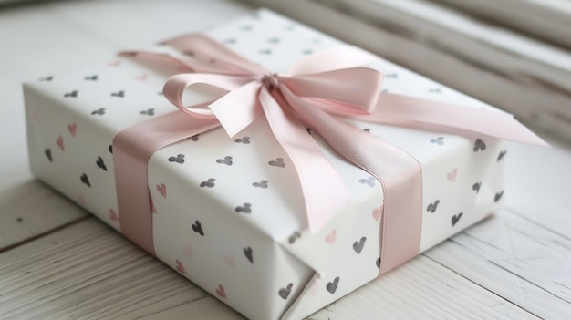 Elegante scatola regalo con nastro rosa e modello di cuori