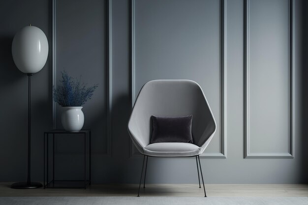 Elegante sedia grigia ed elegante installazione moderna sulla parete di una stanza alla moda