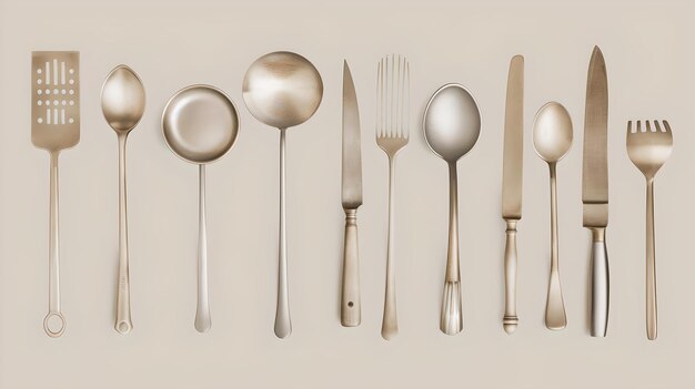 Elegante set di posate esposto su uno sfondo neutro oggetti da pranzo essenziali per la messa a tavola moderna collezione di utensili da cucina perfetta per progetti legati al cibo AI