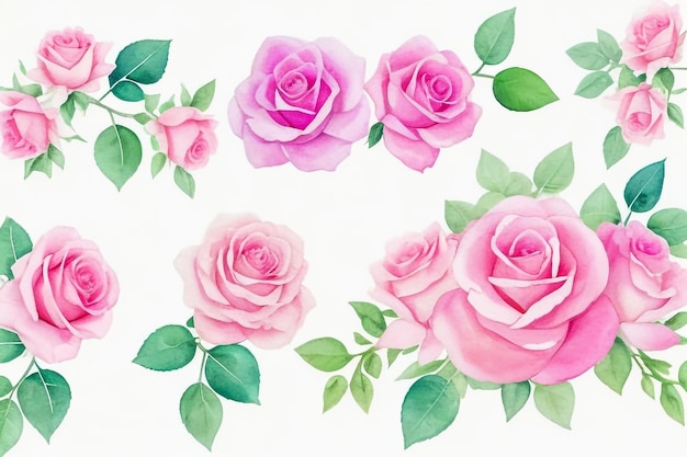 Elegante set floreale Colorata rosa rosa collezione floreale con foglie e fiori disegno acquerello