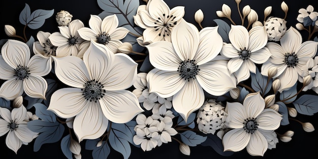 Elegante sfondo di fiori bianco e nero monocromatico Illustrazione floreale generativa AI