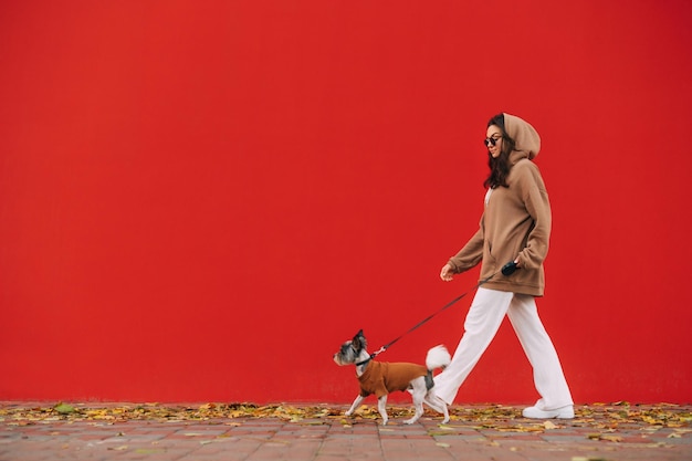 Elegante signora che cammina un simpatico cane di razza biewer terrier al guinzaglio su uno sfondo di parete rossa