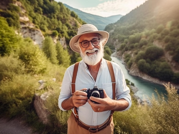 Elegante signore anziano barbuto in un parco naturale che cattura momenti con il suo smartphone completamente imme