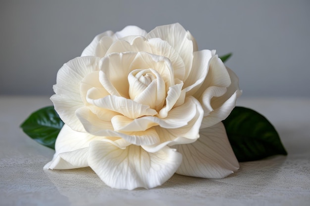 Elegante singolo fiore bianco di gardenia con foglie verdi su uno sfondo neutrale Bellezza naturale