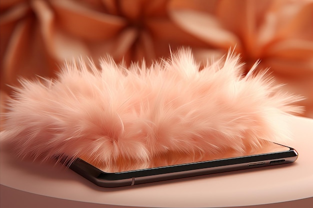 Elegante smartphone poggiato su un lussuoso cuscino di pelliccia su uno sfondo color pesca